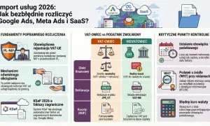 Import usług 2026: rozliczenie Google Ads, Meta Ads i SaaS. Schemat wyjaśnia obowiązek rejestracji VAT-UE, mechanizm odwrotnego obciążenia, koszty netto i VAT-9M.