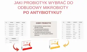 Jaki probiotyk wybrać po antybiotyku? Tabela szczepów bakterii i prebiotyków, a także opakowania Sanprobi.