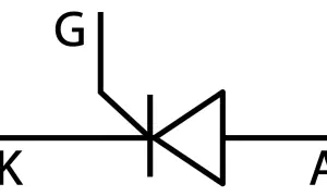 Schematyczny symbol tyrystora z oznaczeniami K (katoda), A (anoda) i G (bramka).