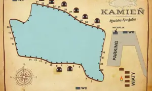 Mapa łowiska Kamień z zaznaczonymi stanowiskami, WC, parkingiem i wiatami. Idealne miejsce na wędkarską przygodę.