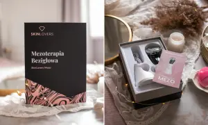 Zestaw do mezoterapii bezigłowej w domu Skinlovers Mezo. Urządzenie w pudełku, instrukcja i różowa szczoteczka.