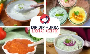 Vier bunte Dips, perfekt für Focaccia: Cremig-grüner Kräuterquark, rote Paprika-Creme, helle Limetten-Creme und gelber Dip mit Gewürzen.