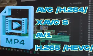 Ikony MP4 i napisy AVC/H.264/, XAVC S, AV1, H.265/HEVC/ na tle edytora wideo. Wybór kodeka wpływa na bitrate.