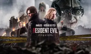Leon i Ashley w tle płonącego dworu, zapowiedź nowego Resident Evil. Groza i zniszczenie.
