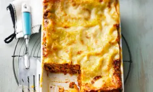 Ein frisch gebackenes, goldbraunes Lasagne-Rezept, original italienisch, mit einer Portion entnommen.