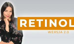 Kobieta z uśmiechem zastanawia się, czy można łączyć retinol z kwasem hialuronowym. Na ekranie napis RETINOL WERSJA 2.0.