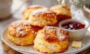 En tallrik med nybakade scones för 2, pudrade med florsocker, serveras med sylt och en klick smör. Perfekt för en mysig fika.