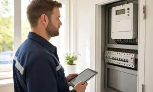 Un technicien examine un tableau électrique avec une tablette, vérifiant les compteurs et disjoncteurs. Il s'assure qu'il n'y a pas de vol d'électricité code pénal.