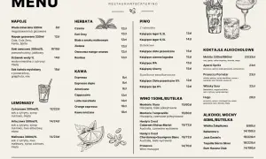 Gdański bowke menu: napoje, herbaty, piwo, kawa, wina, koktajle i mocne alkohole.