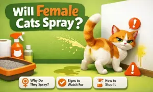 An orange and white cat sprays urine on a wall, illustrating the question: "Will female cats spray?" Learn why, signs, and how to stop it.