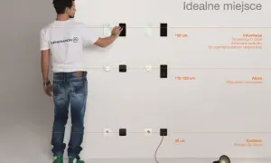 Mężczyzna pokazuje na ścianie, na jakiej wysokości gniazdka powinny być montowane: 150 cm dla informacji, 110-120 cm dla sterowania, 30 cm dla zasilania.