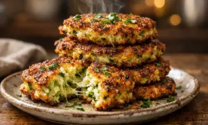 Pile de galettes de courgette dorées et croustillantes, garnies de persil frais. La vapeur s'échappe d'une galette coupée, révélant un cœur fondant.