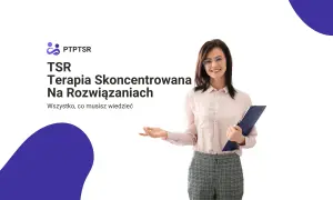 Uśmiechnięta kobieta z teczką prezentuje terapię skoncentrowaną na rozwiązaniach.