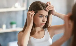 Junge Frau prüft im Spiegel ihre Haare und fragt sich, wie viel wachsen Haare im Monat.