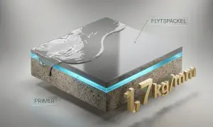 Flytspackla golv: primer appliceras på betong, sedan ett lager flytspackel. 1,7 kg/mm.