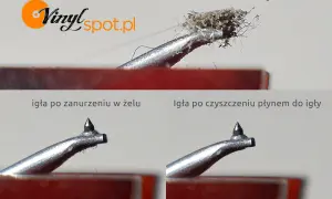Porównanie igły gramofonowej: brudna po trzech płytach, po zanurzeniu w żelu i po czyszczeniu płynem. Skuteczne czyszczenie igły gramofonowej przywraca jej blask.