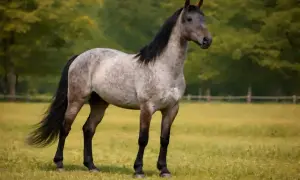 Piękny koń maści płowej, z grzywą i ogonem w kolorze czarnym, stoi na zielonej łące.
