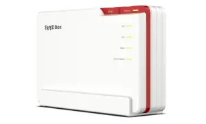 Biały router Fritz!Box z czerwonymi akcentami i świecącymi diodami LED.