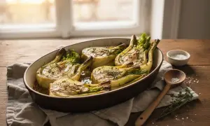 Fenouil rôti au four, parfumé aux herbes, prêt à être dégusté. Une recette simple et savoureuse.