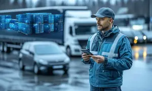 Logistyk planuje jak zorganizować logistykę trasy liniowej powrót do samochodu, korzystając z telefonu. W tle kontenery i ciężarówka.