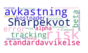 Ordmoln med finansiella termer som "avkastning", "Sharpekvot", "risk" och "standardavvikelse". Viktiga begrepp för att förstå fonder eller aktier.