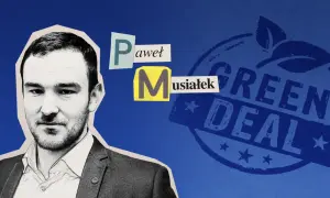 Portret Pawła Musiałka na tle niebieskim z pieczęcią "Green Deal".