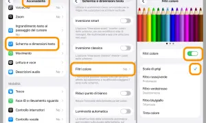 Impostazioni iPhone: Accessibilità > Schermo e dimensioni testo > Filtri colore. La calibrazione schermo iPhone aiuta a leggere meglio.