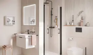 Modernes kleines Bad mit Dusche, Hänge-WC und Waschtisch. Tolle kleines Bad Ideen für minimalistisches Design.