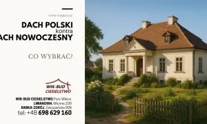 Elegancki dom z tradycyjnym, brązowym dachem. Reklama pyta: "Dach polski kontra dach nowoczesny?".