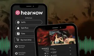 Two phones display music apps. One shows options to get music from Spotify, Apple Music, iTunes, or buy from artist, hinting at how to submit music to blogs.