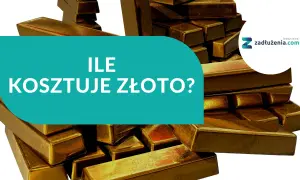 Stos sztabek złota, na nich napis "ILE KOSZTUJE ZŁOTO?". Dowiedz się, ile kosztuje gram złota 999.