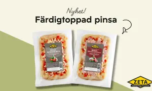 Två färdigtoppade mini pizzor, en Margherita och en Prosciutto Cotto, i plastförpackning.