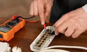 Ręce technika mierzą rezystancję izolacji przedłużacza za pomocą pomarańczowego multimetru.