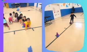 Toddlers crawl through an obstacle course, practicing Montessori gross motor skills. A boy kicks a ball around cones.