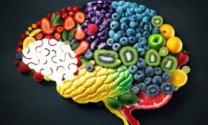 Mózg z owoców i warzyw symbolizuje zdrową dietę wspierającą produkcję serotoniny, kluczowej w walce z nerwicą natręctw.