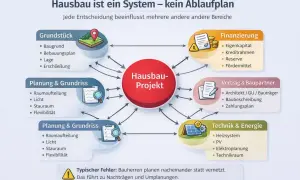 Diagramm zeigt Hausbau-Projekt als System. Wichtige Bereiche sind Grundstück, Finanzierung, Vertrag, Technik & Energie (inkl. Elektroplanung) und Planung.