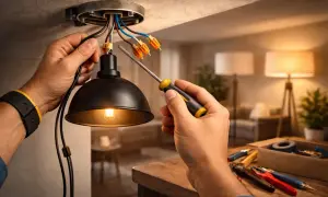 Elektryk montuje lampę, podłączając przewody. Zastanawiasz się, ile lamp na jednym obwodzie można bezpiecznie zainstalować?