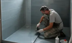Un ouvrier applique une peinture époxy sur le sol d'une douche carrelée.