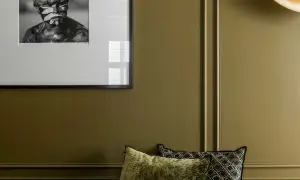 Un pan de mur vert olive, orné d'un portrait encadré d'un jeune homme au visage peint, et de coussins décoratifs.