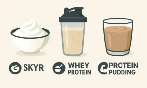 Schüssel mit cremigem Skyr, Shaker mit Whey Protein und Glas mit Protein Pudding.