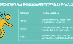 Grafik zeigt Ursachen für Bandscheibenvorfälle HWS. Ein gelber Strichmännchen-Charakter mit Blitzsymbolen am Nacken deutet Schmerz an. Tabelle listet Segmente und Ursachen auf, relevant für Physiotherapie.