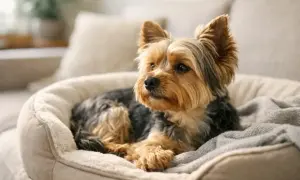 Uroczy yorkshire terrier leży w swoim legowisku. Zastanawiasz się, ile kosztuje york?