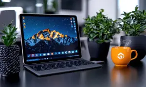 Laptop z górskim krajobrazem na pulpicie, obok kubek parującej kawy i rośliny. Idealne miejsce do pracy, gdzie łatwo znaleźć skrót klawiszowy do nagrywania ekranu.