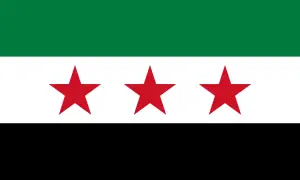 Syriska flaggan med tre röda stjärnor på vit bakgrund, grön överst och svart nederst. Fakta om Syrien kan finnas bakom denna symbol.