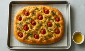 En gyllene focaccia med körsbärstomater och rosmarin på en plåt. Perfekt för ditt nästa focaccia recept.