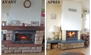 Avant/Après : une cheminée en brique rouge rénovée, transformée en un foyer moderne et épuré, prêt à réchauffer le salon.