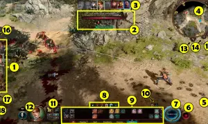Baldurs Gate 3 solucja: walka z gnollami, interfejs gry z paskami zdrowia, minimapą i akcjami postaci.