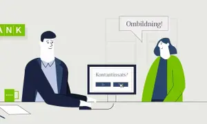 Två personer diskuterar "Kontantinsats?" på en datorskärm. En säger "Ombildning!".