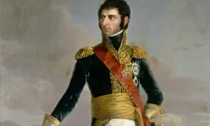 Porträtt av Jean Baptiste Bernadotte, en framstående militär och blivande svensk kung, i ståtlig uniform med röd sash och gyllene detaljer.
