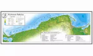 Mapa przedstawia polskie wybrzeże Bałtyku z zaznaczonymi atrakcjami turystycznymi.